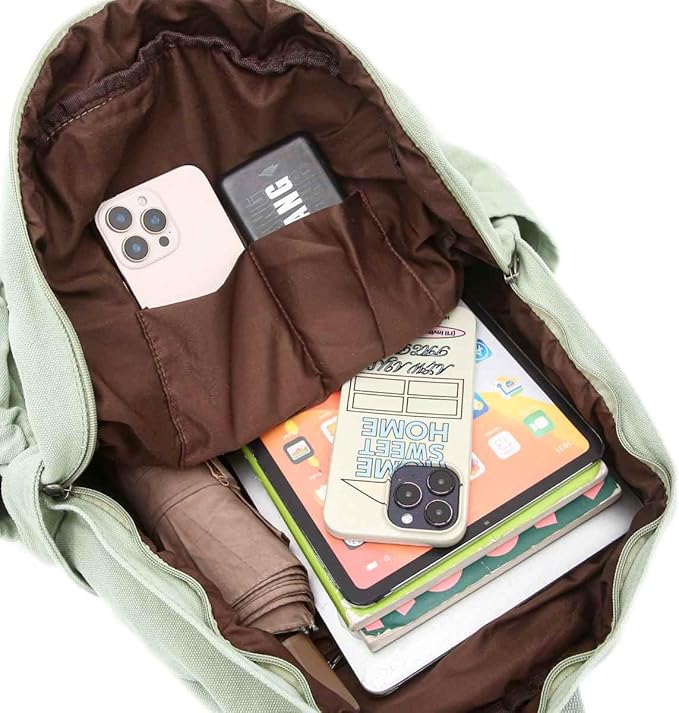 Sage Green Canvas Backpack for Women Retro Aesthetic Rucksack Basic Backpack for High School/College Students Travel Laptop Bag