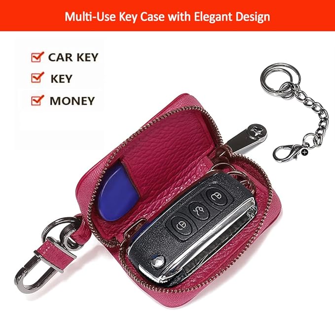 Leather Car Key Case with Zipper, Compact Smart Key Fob Holder with Keychain, Portable Car Key Organizer Pouch