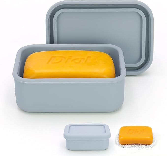 AIDIMMING Leak Proof Silicone Travel Soap Case with Drain Pad, Compact Bar Soap Container with Lid, Portable Soap Holder for Standard Bar Soap & Handmade Soap, Travel Camping Gym (Light Gray)