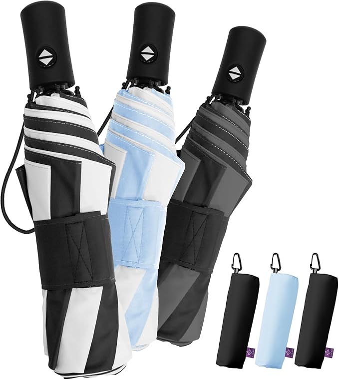 Windproof Travel Umbrella for Rain - 43" Auto Open Close 8-Rib Compact, Stylish Two-Tone Color Block Design, Easy-Close Folding Portable Parasol for Men & Women