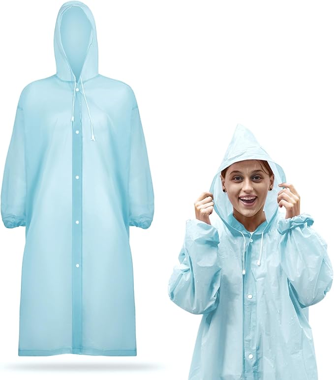 Rain Ponchos for Adults Reusable Rain Coats with Hood and Drawstring Thicken Ponchos Waterproof for Women(Light Blue)