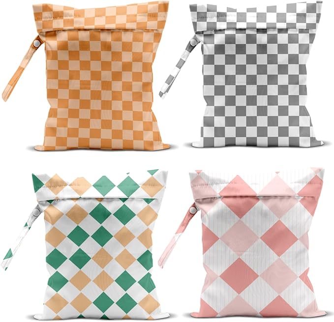Wet Bag, 4Pcs Wet Dry Bag Set, Reusable Waterproof Bags with Multi-Color Plaid for Women, Fit for Beach Trips, Pool Days, Short Travel & Daily Essentials Storage