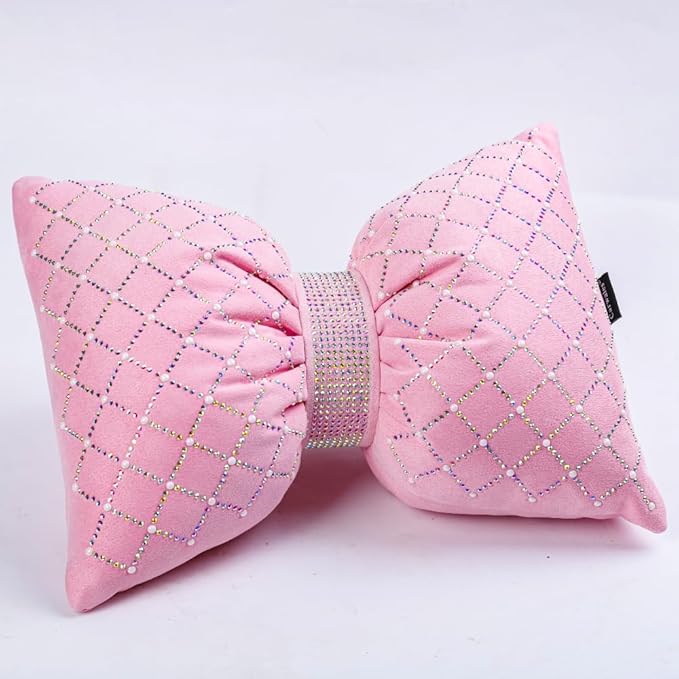 Carwales Pink Bow Lumbar Support Pillow for Car Accessory Women Girl Couch Cushion Decorative Back Pillow Bling Rhinestone Pearls 1 Pack