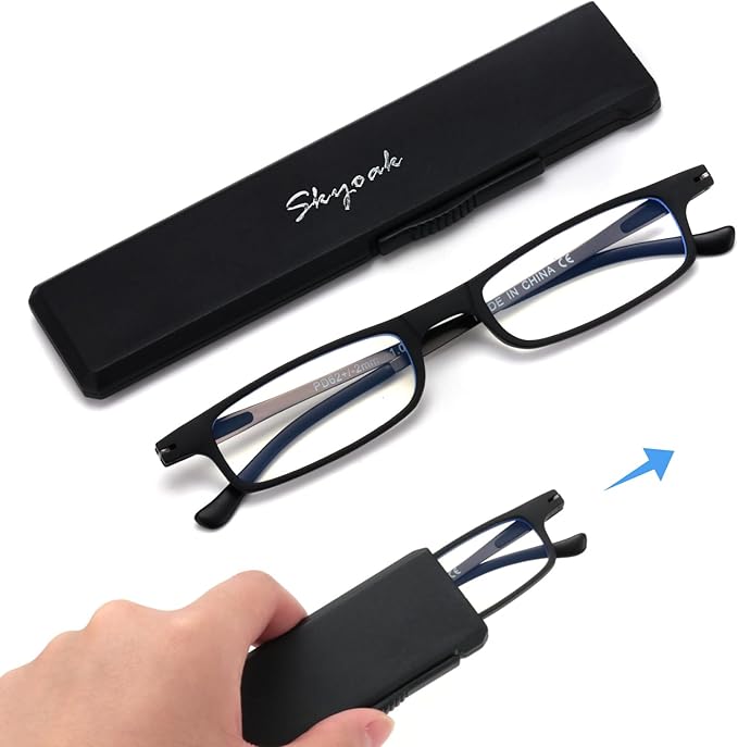Ultra thin Lightweight Folding Reading Glasses Women Men TR90 Blue Light Blocking Anti UV/Eyestrain Foldable Compact Computer Readers Portable Unique Stretchable Slim Flat case Black +2.75