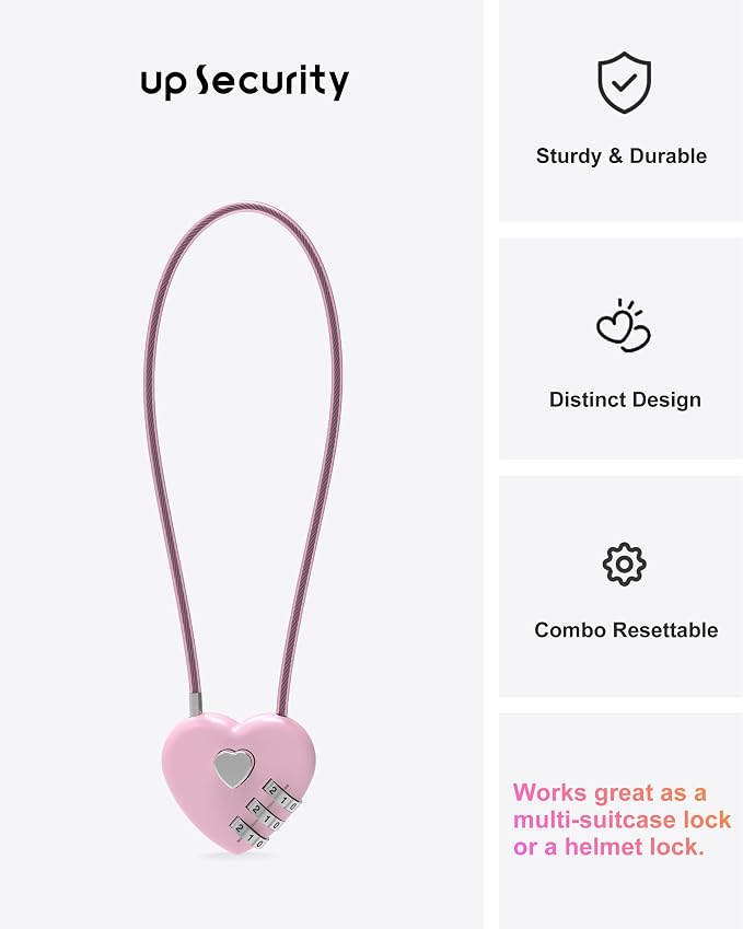Small Cable Lock with Combination, Combo Lock with Code, Pink Cable Padlock for Luggage, Cabinet, Closet, French Fridge Door, Stroller, Bike Helmet, Pet Cage, Pool Gate, Outdoor Fence