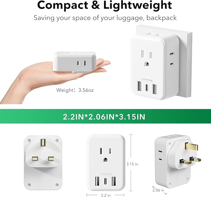BN-LINK 2 Pack US to UK Plug Adapter, Type G Power Adapter with 4 Outlet 3 USB Charger, International Plug Adapter, USA to Ireland Dubai England British London Hong Kong Singapore Travel Essentials