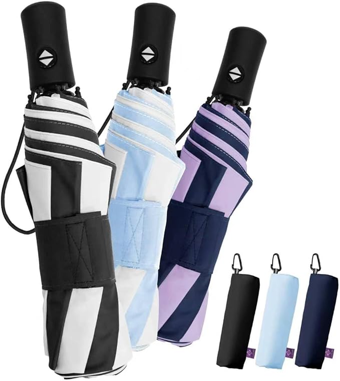 Windproof Travel Umbrella for Rain - 43" Auto Open Close 8-Rib Compact, Stylish Two-Tone Color Block Design, Easy-Close Folding Portable Parasol for Men & Women
