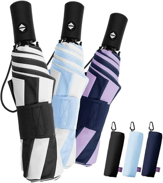 Windproof Travel Umbrella for Rain - 43" Auto Open Close 8-Rib Compact, Stylish Two-Tone Color Block Design, Easy-Close Folding Portable Parasol for Men & Women