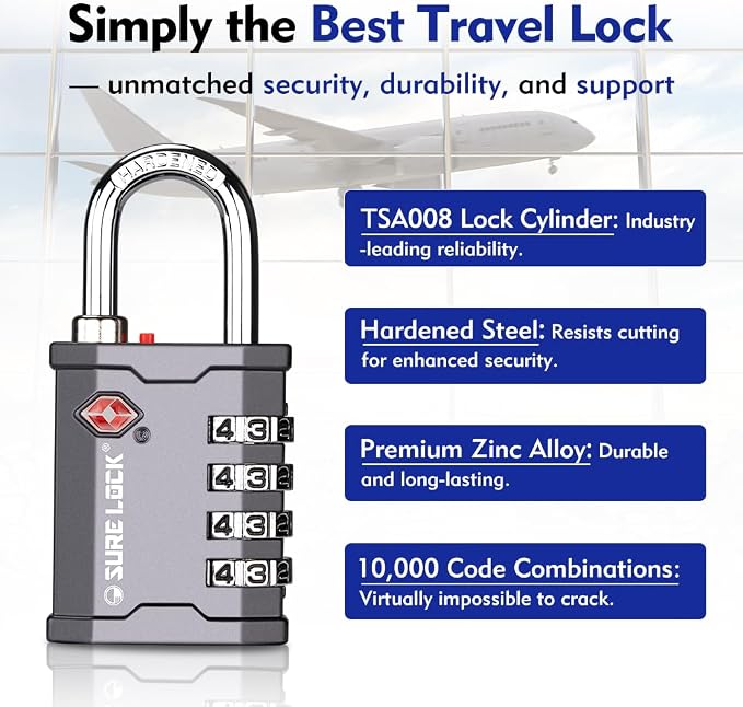 SURE LOCK TSA Accepted 4 Dig Heavy Duty Big Combination Luggage Padlock All Metal Travel Lock for Equipment Hard Case Luggage Gun Case Gym Locker Pelican Vault Lock (2, Grey)