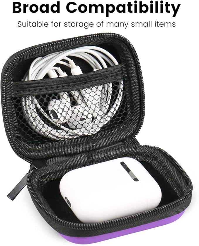 Earbud Case, RISETECH Earphone Case Holder Hard EVA Headphone Small Zipper Pouch Compatible with Wireless in-Ear Headset, SD Cards, USB Charger Cable, AirPods, Sony Wired Earbuds with Keychain -Purple