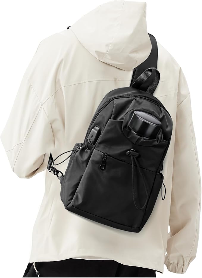 SEAFEW Large Black Sling Crossbody Bag for Men Women, Tactical Backpack Shoulder Daypack Mini Cross Body Motorcycle Chest Bags, Small One Strap Fanny Back Pack for Casual Travel Hiking Sport Gym
