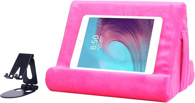 Universal Multi-Angle Tablet Holder - Soft Pad Stand with Net Pocket & Phone Stands for Lap, Knee, Sofa and Bed(Pink)
