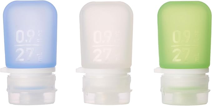 humangear GoToob Bottles - Silicone Leak-Proof Travel Tubes for Toiletries, Camping & TSA Carry-On (3-Pack), Mini (0.9 fl oz; 27ml), Clear/Green/Blue
