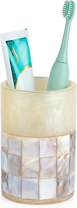 Milano Toothbrush Cup - Electric Toothbrush Holder for Bathroom fits Toothbrushes and Toothpaste - Bathroom Tumbler Cup Finished with Beautiful Mother of Pearl Shells