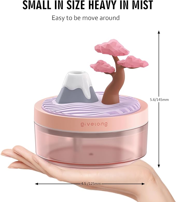 PRATIQUE Mini Portable Desktop Humidifiers for Bedroom,Small Humidifier with Cherry Tree,Quiet,Cool Mist, Auto Off,7 Colors Night Light,320ml Air Humidifier Home Office Travel(PINK) (PINK)