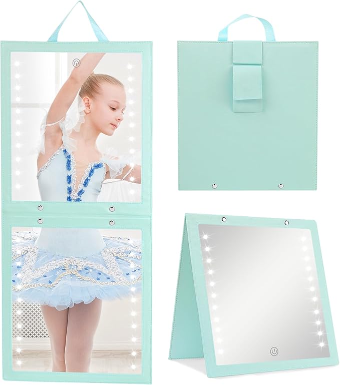 Fabuday Lighted Hanging Mirror for Dance Backstage - Rechargeable Folding LED Full Length Mirror with Lights for Dancers, Portable Foldable Travel Body Mirrors, Brightness Adjustable, Cyan