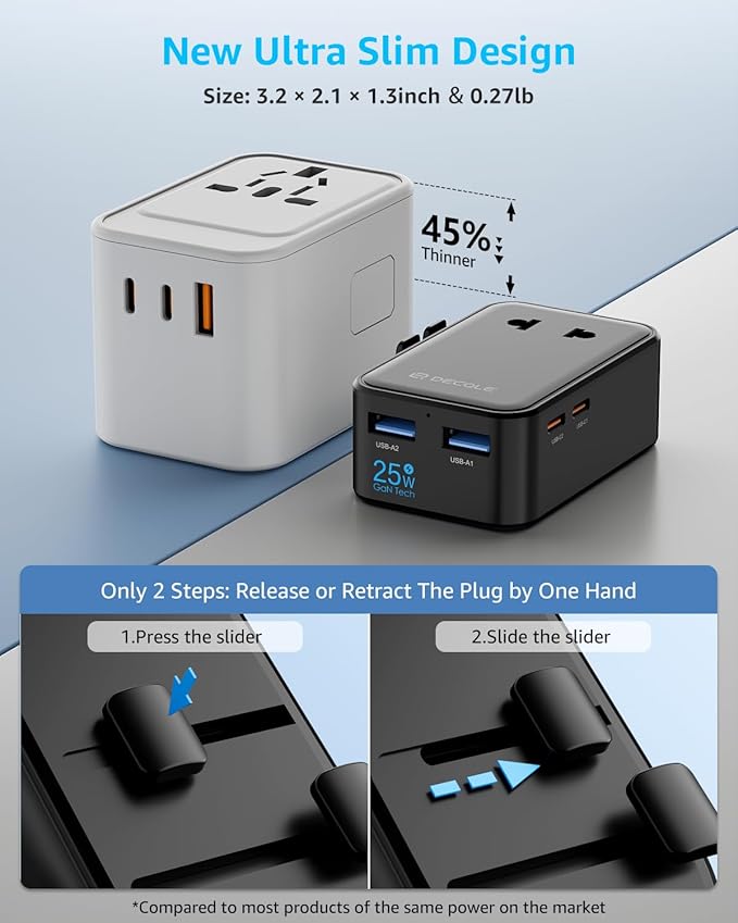 “Air” Universal Travel Adapter, Slim International Travel Plug Adapter with 2 USB-C(PD 25W) ＆ 2 USB-A Ports, All in One Portable Adaptor, for USA, UK, EU, AU ＆ 224+ Countries (Black) US