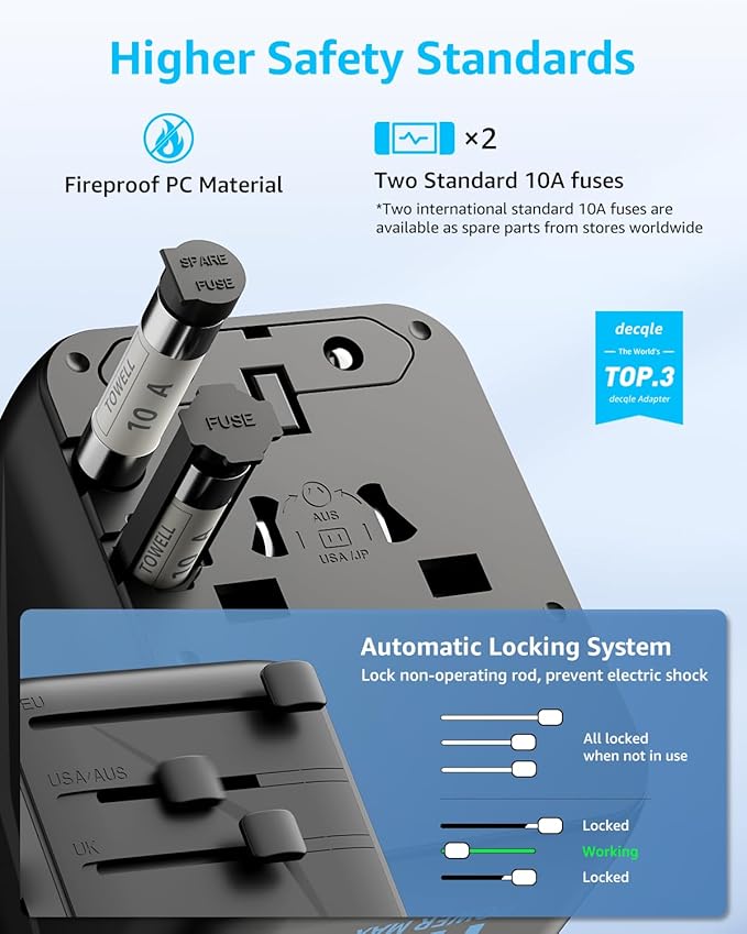 Universal Travel Adapter, International Travel Plug Adapter with 2 USB-C ＆ 2 USB-A Ports, with Extra 2 Prong AC Outlet All in One Portable Socket, for USA, UK, EU, AU ＆ 224+ Countries (Black)