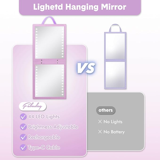Fabuday Lighted Hanging Mirror for Dance Backstage - Rechargeable Folding LED Full Length Mirror with Lights for Dancers, Portable Foldable Travel Body Mirrors, Brightness Adjustable, Purple