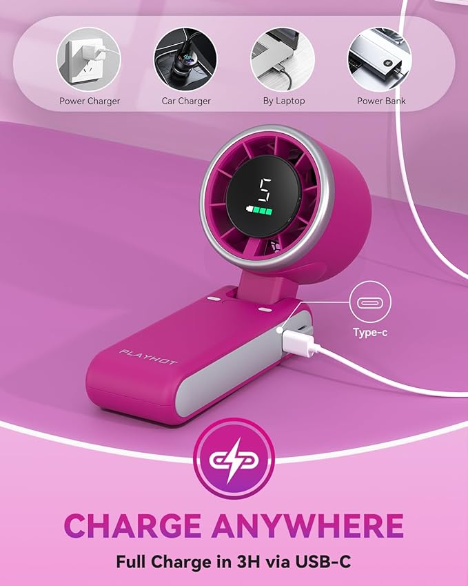 PlayHot Portable Handheld Turbo Fan, 5-Speed Personal Fan, USB-C Rechargeable Fan Up to 12 Hours, 3 IN 1 Hand Fan with Air Turbo Tech Cooling, Travel Fan for Cruise, Beach, Gifts for Women (Magenta)