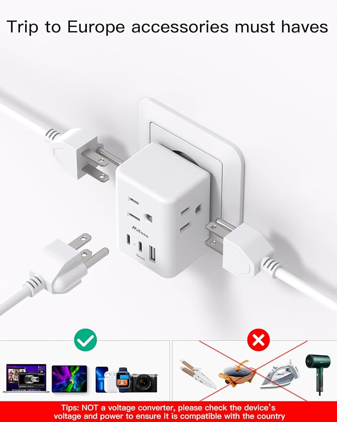 2 Pack European Travel Plug Adapter, Mifaso International Power Plug Adapter with 3 Outlets 3 USB Charging Ports(2 USB C), Type C Plug Adapter Europe Travel Essentials to Spain Italy France