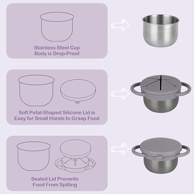 Daximo 2 Pack Snack Cups for Toddlers Spill Proof - Detachable Stainless Steel Toddler Snack Cups with Silicone Lids & Handles - Dishwasher Safe Snack Container(Matte Gray and Matte Green)