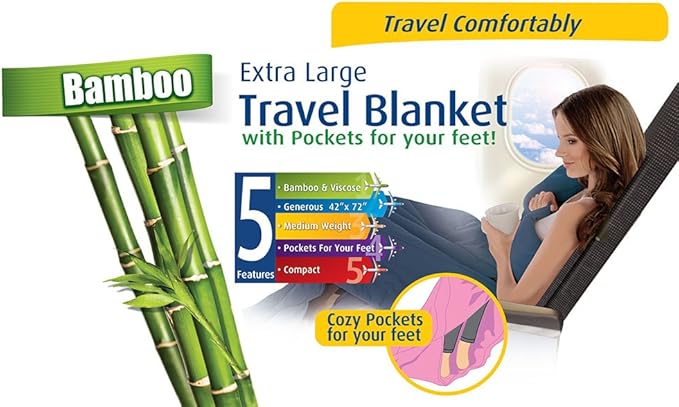 Cloudz Extra Large Airplane Travel Blanket for Your Flight, Car, Camping, Home or Comforting Warmth Anywhere! Includes Warm Cozy Pockets for Your Feet and a Travel Bag - Navy Blue