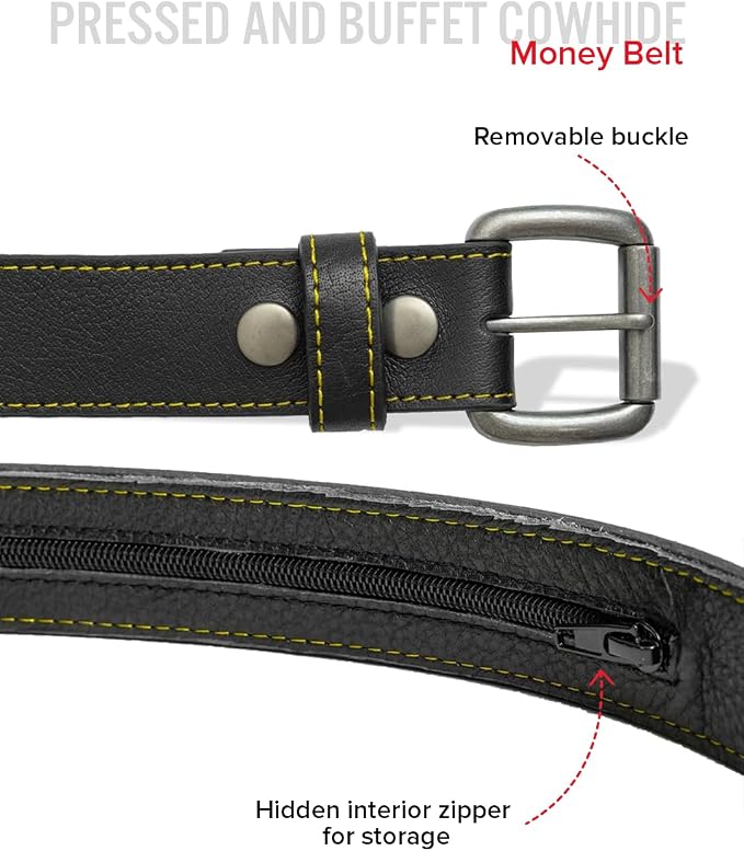 First Mfg Co - Mens Premium Leather Belt With Removable Buckle And Hidden Zipper Money Belt Daily Wear For Pants Perfect Fit
