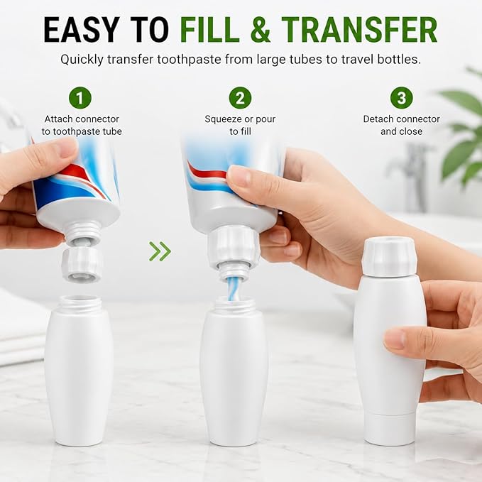 Toothpaste Refill Adapter Kit with Refillable Toothpaste Tubes and Squeezer, Portable Travel Connectors for Transferring Toiletries, Leak-Proof Packing Set (1 Set)
