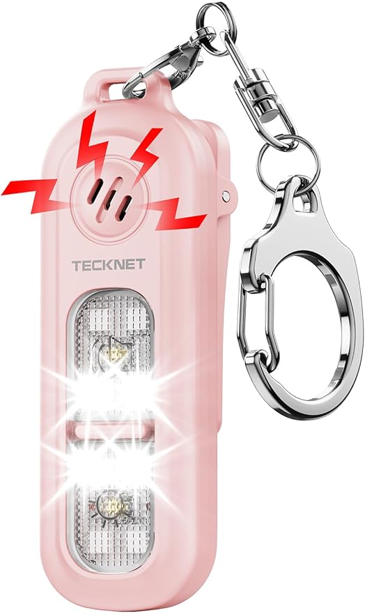 TECKNET Personal Safety Alarm 135dB with SOS Strobe Light for Women - Rechargeable& IPX4 Waterproof Running Lights with Clip On Torch & Low Battery Notice, Safety Siren for Running Travel Kids, Pink