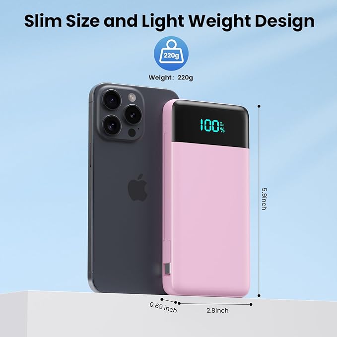 Portable Charger for iPhone with Built in Cables and Wall Plug,Upgraded 13800mAh Fast Charging USB C Power Bank,4 Outputs Travel Essential Battery Pack Compatible with iPhone 17/16/15/14,Galaxy-Pink