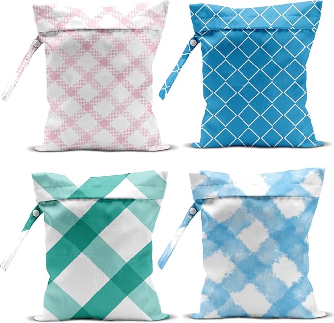 Wet Bag, 4Pcs Wet Dry Bag Set, Reusable Waterproof Bags with Classic Plaid Prints for Women, Practical for Beach Vacations, Pool Time, Travel & Daily Storage Needs