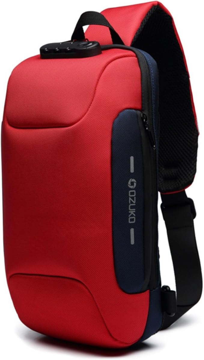 OZUKO sling bag for men anti theft backpacks with usb charger Travel Hiking Chest Bag Daypack water proof (Red)