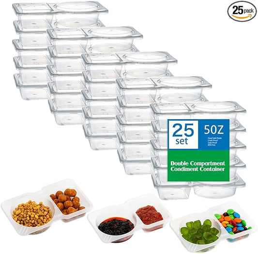 25 Pack Double Compartment Condiment Container with Lid, 5oz Disposable Small Snack Container 2 Compartment for Meal Prep, Salad Dressing, Dipping Sauce, Travel Snacks