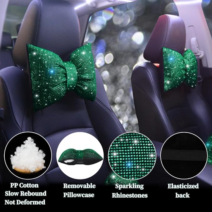 Bling Car Pillows Rhinestones Bowknot Neck Cushion Pillowsdiamond-Studded Headrest Accessories for Women Colourful Rhinestone Car Accessories Green 2Pcs