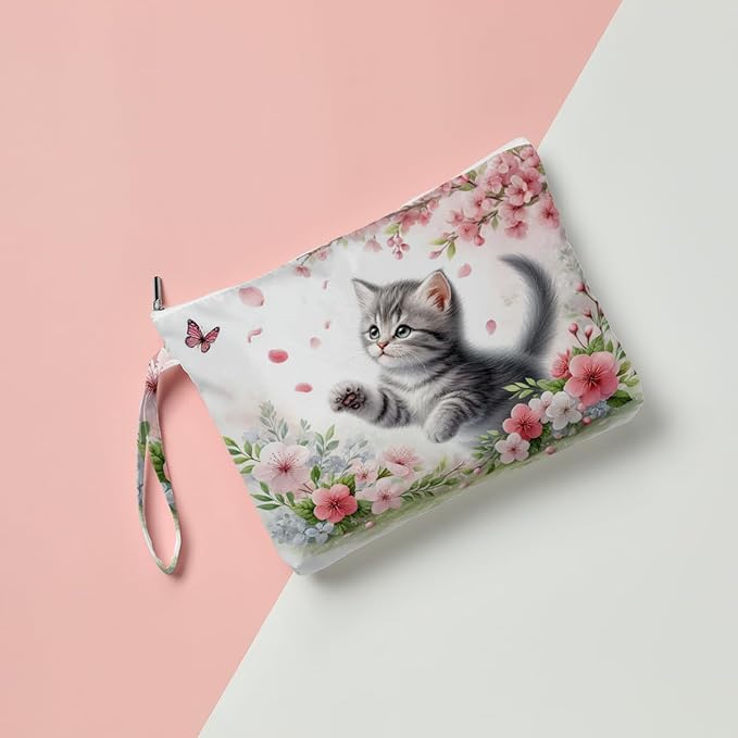 Fokongna Cute Print Wet Bag, Small Portable Waterproof Multi-Functional Organizer for Women, Pink Cherry Blossom Cat, Ideal for Daily, Beach & Travel
