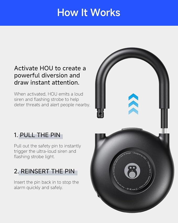 HOU 130dB Personal Alarms for Women – USB-C Rechargeable Self Defense Alarm Keychain with Strobe Light – Loud Personal Safety Alarm for Students & Jogging – Safe for Seniors, Black