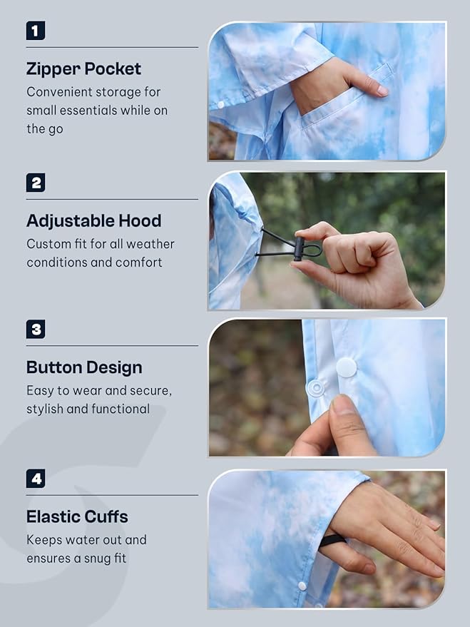 SaphiRose Unisex Rain Poncho Waterproof Raincoat Hooded for Adults Women with Pockets