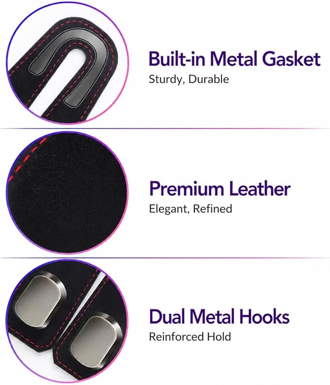 2Pcs Car Headrest Hooks with Premium Leather, Upgraded Double Metal Hooks with Anti-Drop Design, Universal Back Seat Hanger for Bags, Coats, Purses and Groceries (Stylish Black)