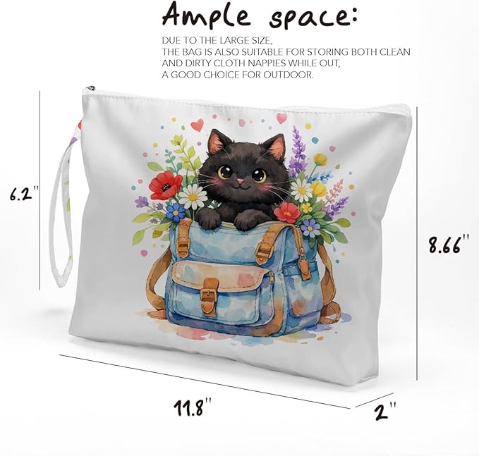 Fokongna Black Cat Print Wet Bag, Small Portable Waterproof Multi-Functional Organizer for Women,Sky Blue Backpack Floral Cat，Ideal for Daily, Beach & Travel