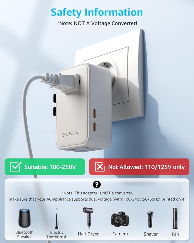 “Air” Universal Travel Adapter, Slim International Travel Plug Adapter with 2 USB-C(PD 25W) ＆ 2 USB-A Ports, All in One Portable Adaptor, for USA, UK, EU, AU ＆ 224+ Countries (White) US