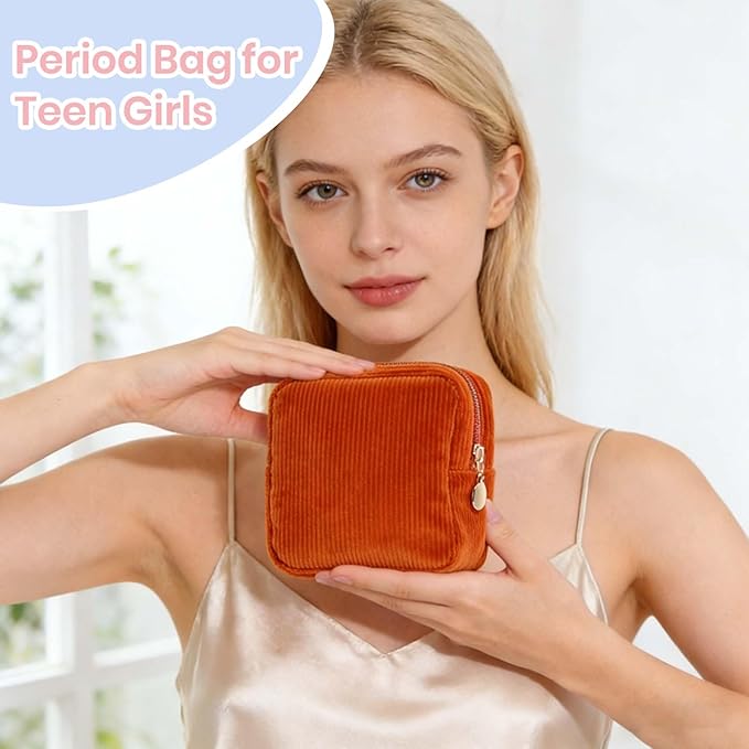 uxcell Period Bag for Teen Girls Women, Portable Corduroy Sanitary Towel Compact Cute Pouch with Zippers, Small Pouch Napkin Storage Pads Holder for Travel, Daily Use, Purse, Pink