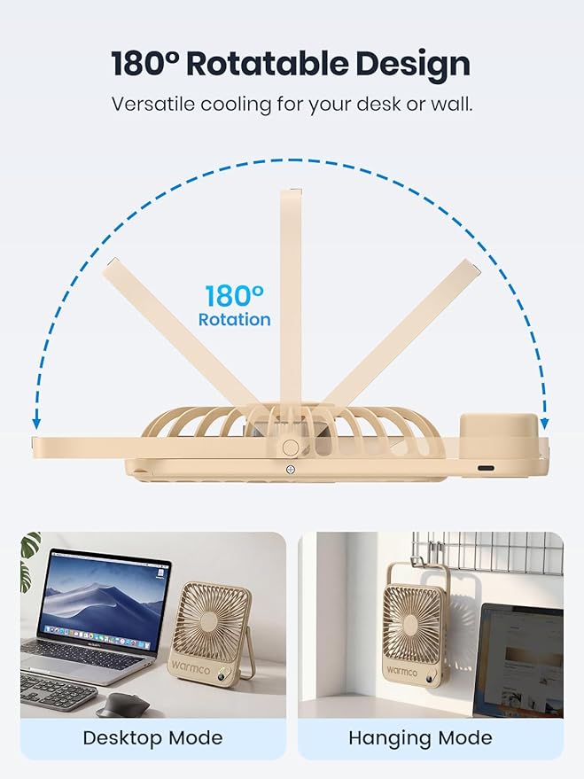 Warmco 10000mAh Portable Travel Fan 7-inch, Up to 24H Runtime, Ultra-thin Quiet Rechargeable Battery Operated Desk Fan with Digital Display for Camping, Office, Bedroom, Cruise Essentials