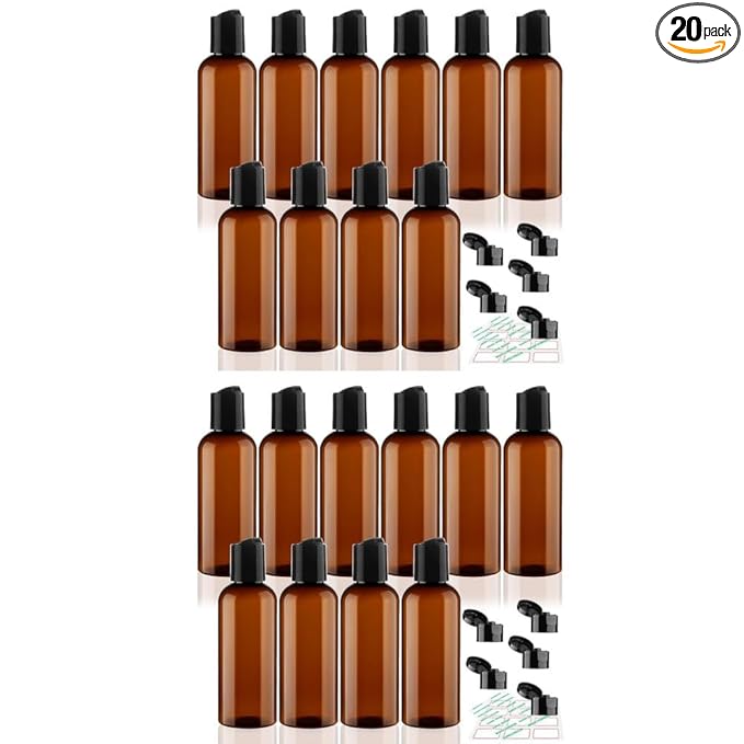 20 Pack 3.4 oz Travel Bottles for Toiletries TSA Approved Leak Proof Travel Size Containers Plastic Empty Shampoo Bottles with Labels Squeeze Bottle Toiletry Accessories(Brown)