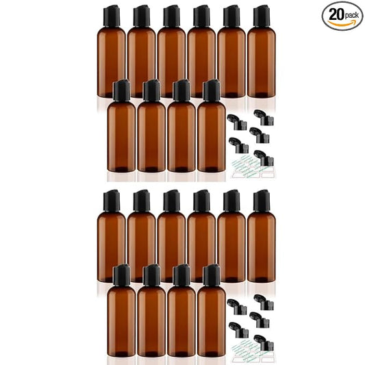 20 Pack 3.4 oz Travel Bottles for Toiletries TSA Approved Leak Proof Travel Size Containers Plastic Empty Shampoo Bottles with Labels Squeeze Bottle Toiletry Accessories(Brown)
