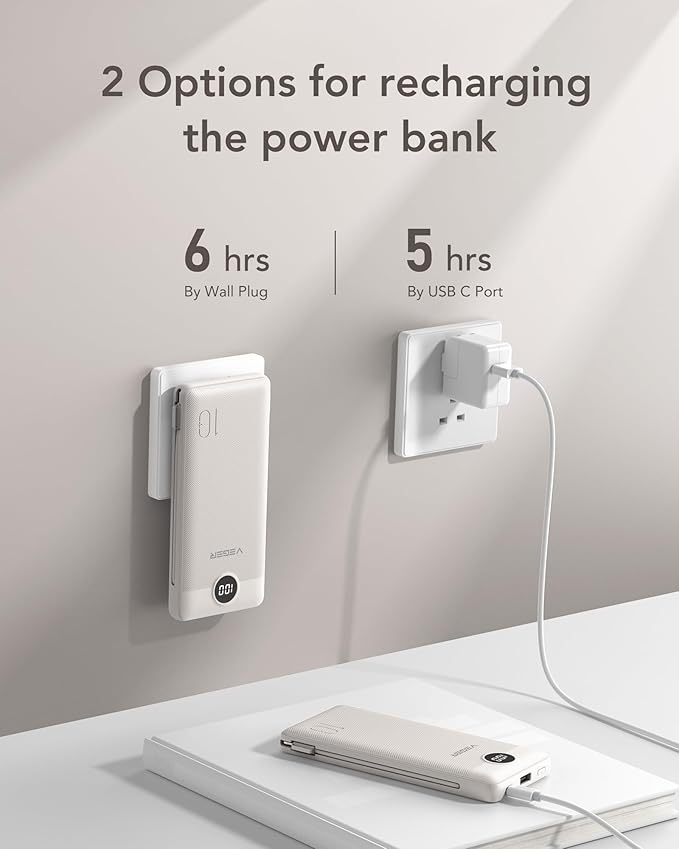 VEGER Portable Charger with Built-in AC Plug and Cables, All in One 10000mAh Ultra Slim Power Bank Emergency Fast Charging for Travel Battery Pack Compatible with iPhone, Samsung, Android, Coffee