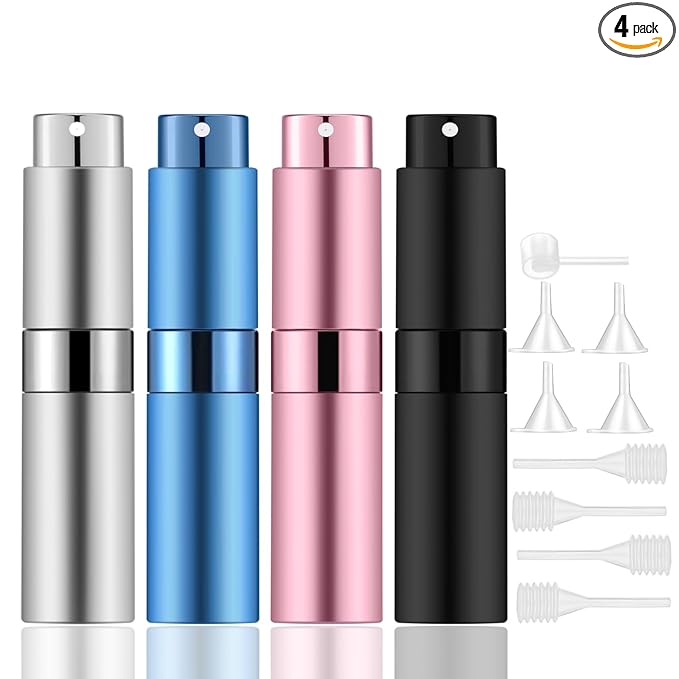 Lil Ray 8ml Portable Mini Perfume Atomizer(4 PCS)，Refillable Empty Small Spray Bottle for Travel, Twist Type Pocket Cologne Sprayer (Matte Black, Pink, Blue, Silver)