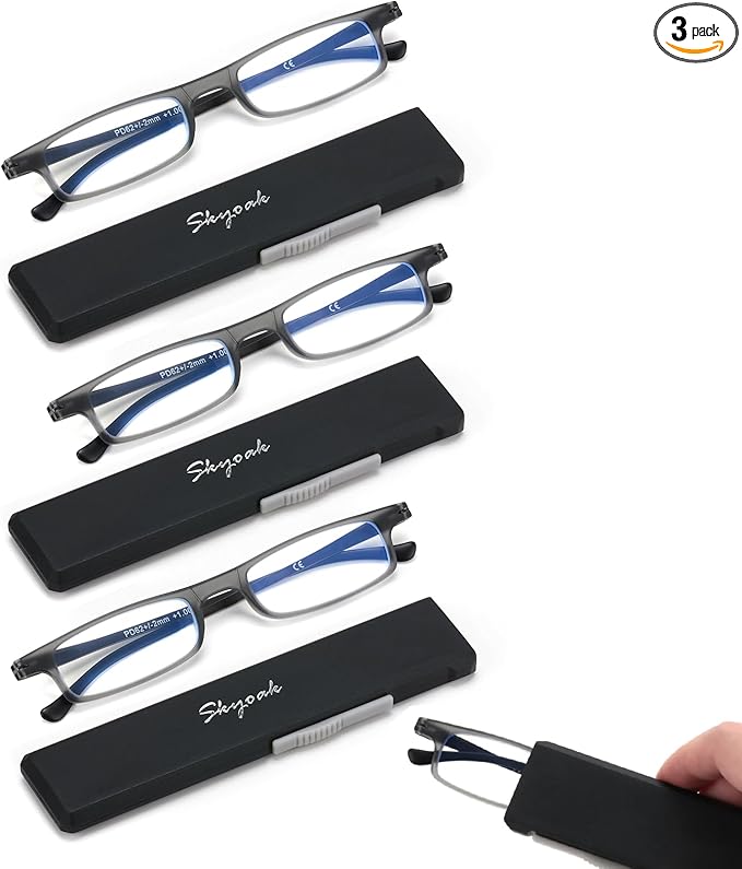 3 Pack Ultra thin Lightweight Folding Reading Glasses Women Men TR90 Blue Light Blocking Anti UV/Eyestrain Foldable Compact Computer Readers Portable Unique Stretchable Slim Flat case Gunmetal, +1.5