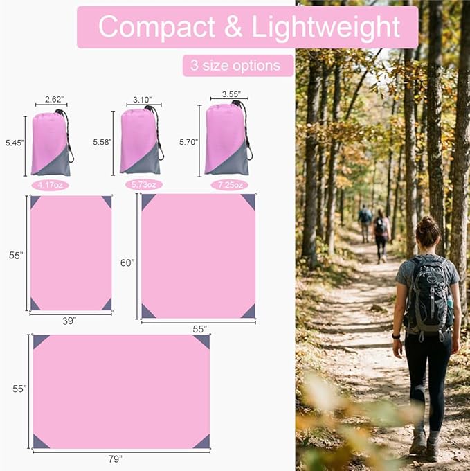 Orga'Neat Pocket Picnic Blanket, Beach Mat Waterproof Sandproof, Compact Lightweight Small Tarp for Camping, Hiking, Backpacking, Festival, Travel, Foldable in Bags (Pink/Grey, 55"x79")