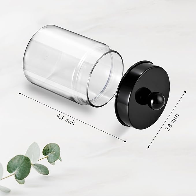 Amolliar Apothecary Jars Bathroom Vanity Storage Organizer Set -Countertop Canister Plastic Acrylic Jar - Farmhouse Decor Qtip Holder for Cotton Swabs,Makeup Sponges,Flossers ,Paper Clips-Black (4)
